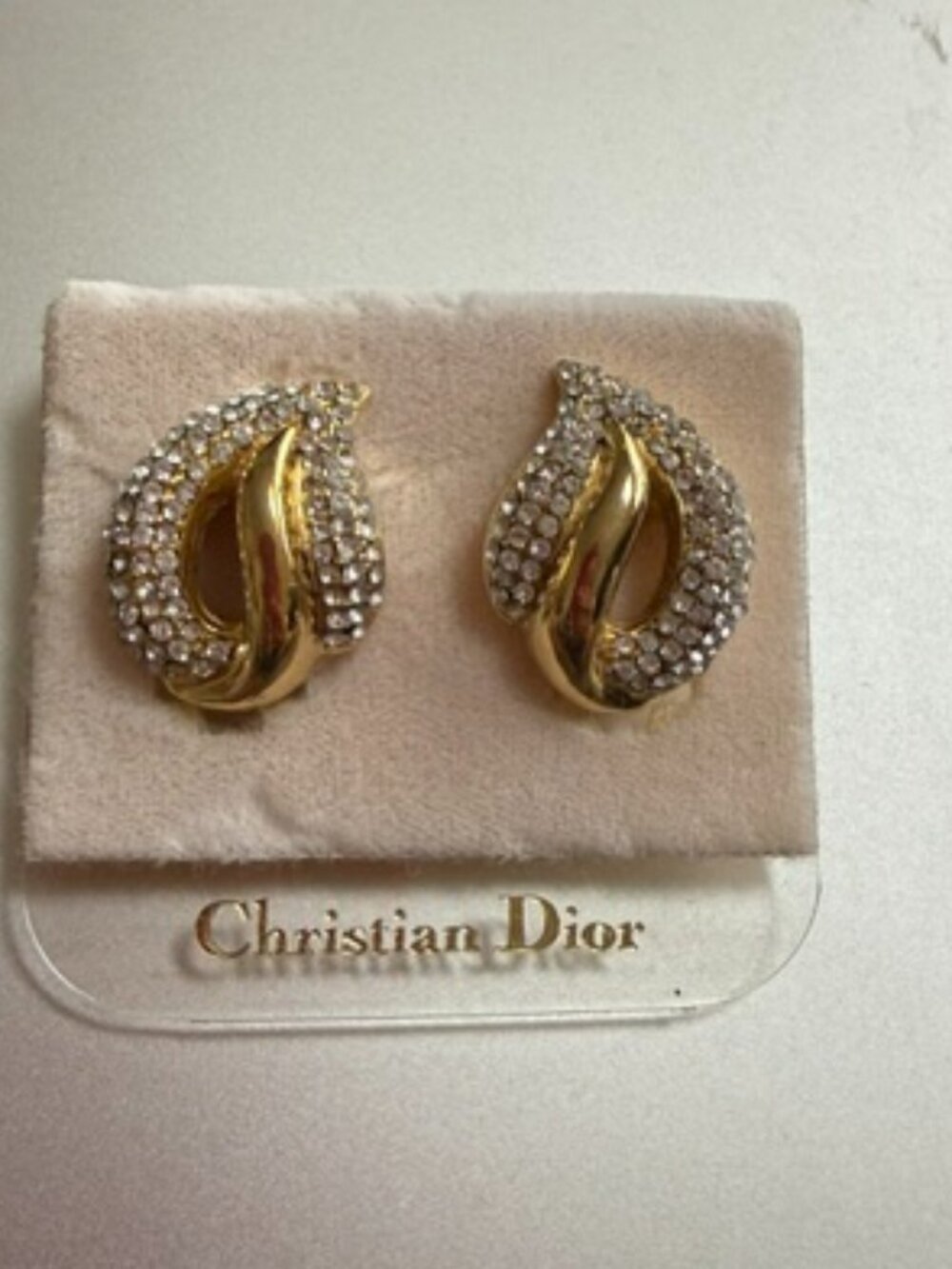 Vintage Christian Dior Clip On Earrings Gold Tone‎ Rhinestone Signed On Card